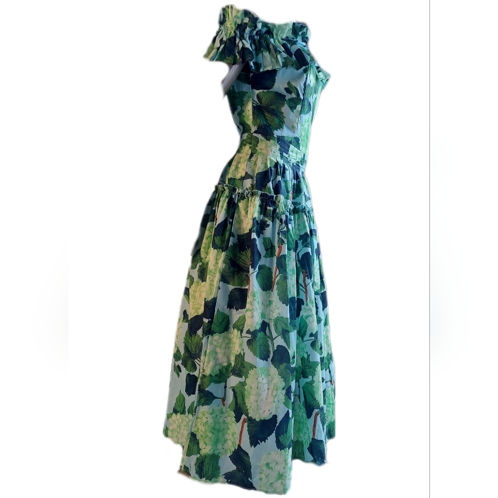 $1,200 TAILOR MADE (NOT OSCAR DE LA RENTA) GREEN FLORAL MIDI DRESS US L - Picture 8 of 13